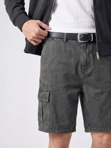 RivetRise 男士拉链工装口袋牛仔短裤，百搭休闲运动装 - 淺灰色 - 查看 6