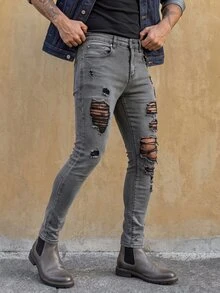 RivetRise Men's Casual Grunge Streetwear Washed Distressed Slim Fit Denim Jeans Vacation Work Dark Grey Summer Back-To-School - Grey - View 4