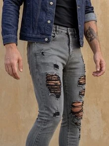 RivetRise Men's Casual Grunge Streetwear Washed Distressed Slim Fit Denim Jeans Vacation Work Dark Grey Summer Back-To-School - Grey - View 5