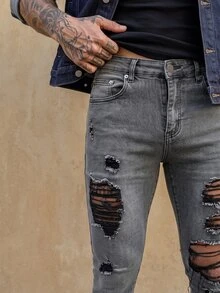 RivetRise Men's Casual Grunge Streetwear Washed Distressed Slim Fit Denim Jeans Vacation Work Dark Grey Summer Back-To-School - Grey - View 3