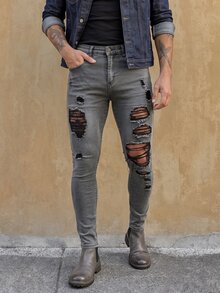 RivetRise Men's Casual Grunge Streetwear Washed Distressed Slim Fit Denim Jeans Vacation Work Dark Grey Summer Back-To-School - Grey - View 1