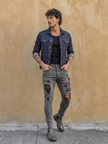 RivetRise Men's Casual Grunge Streetwear Washed Distressed Slim Fit Denim Jeans Vacation Work Dark Grey Summer Back-To-School - Grey - View 6