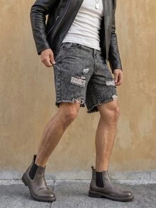 RivetRise 男士休閒牛仔短褲，附口袋、鈕扣、做舊設計與原色毛邊，適合日常穿著、外出與度假 - 淺灰色 - 查看 4