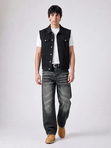 RivetRise Men's Vintage Washed Black & Grey Denim Loose Wide Leg Streetwear Long Pants - Dark Grey - View 7