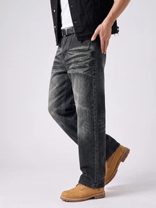 RivetRise Men's Vintage Washed Black & Grey Denim Loose Wide Leg Streetwear Long Pants - Dark Grey - View 5
