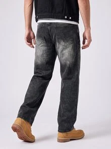 RivetRise Men's Vintage Washed Black & Grey Denim Loose Wide Leg Streetwear Long Pants - Dark Grey - View 3