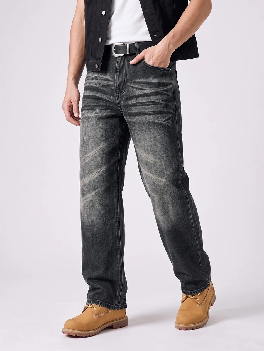 RivetRise Men's Vintage Washed Black & Grey Denim Loose Wide Leg Streetwear Long Pants
