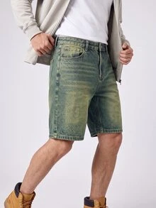 RivetRise Celana Pendek Denim Biru Kasual Gaya Jalanan Pria dengan Desain Kumis Kucing - Medium Wash - View 3