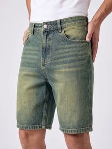 RivetRise Celana Pendek Denim Biru Kasual Gaya Jalanan Pria dengan Desain Kumis Kucing - Medium Wash - View 1