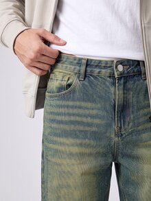RivetRise Celana Pendek Denim Biru Kasual Gaya Jalanan Pria dengan Desain Kumis Kucing - Medium Wash - View 4