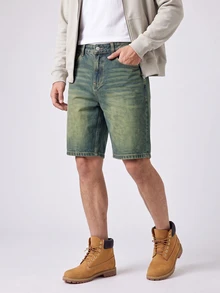 RivetRise Celana Pendek Denim Biru Kasual Gaya Jalanan Pria dengan Desain Kumis Kucing - Medium Wash - View 5