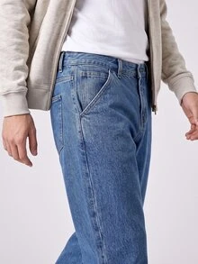 RivetRise 男款單色斜口口袋錐形牛仔褲，直腳長洗濯深色牛仔褲，帶口袋襯衫，適用於工作及日常穿著，爸爸和我款 - 中等水洗藍 - 查看 5