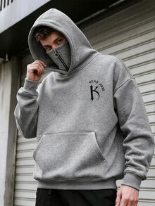 SHEIN 青少年男孩哥德風字母圖案灰色雙領拉鍊連帽衛衣秋季款 - 淺灰色 - 查看 1