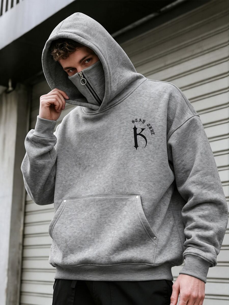 SHEIN 青少年男孩哥德風字母圖案灰色雙領拉鍊連帽衛衣秋季款 - 淺灰色 - 查看 1