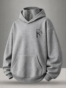SHEIN 青少年男孩哥德風字母圖案灰色雙領拉鍊連帽衛衣秋季款 - 淺灰色 - 查看 5