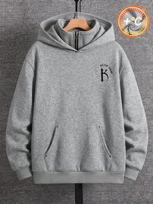 SHEIN 青少年男孩哥德風字母圖案灰色雙領拉鍊連帽衛衣秋季款 - 淺灰色 - 查看 3