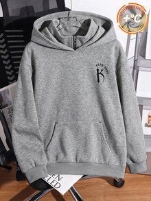 SHEIN 青少年男孩哥德風字母圖案灰色雙領拉鍊連帽衛衣秋季款 - 淺灰色 - 查看 4