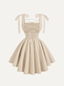SHEIN MOD Pink Romantic Backless Bowknot Dress, Suitable For Dates, Parties, Holidays, Tea Parties, Birthday Occasions - Beige - View 4