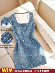 Resyla Parisian Chic Summer Blue And Gold Night Out Mini Dress,Trompe L'oeil Rhinestone Studded Argyle Print Bodycon Sleeveless Scoop Neck Rock Chic Fitted - Multicolor - View 1