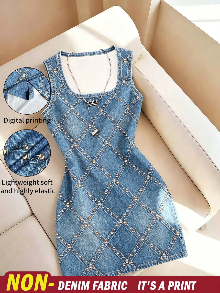 Resyla Parisian Chic Summer Blue And Gold Night Out Mini Dress,Trompe L'oeil Rhinestone Studded Argyle Print Bodycon Sleeveless Scoop Neck Rock Chic Fitted - Multicolor - View 1