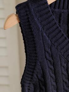 SHEIN Young Girl Sweater Navy Blue V Neck Sleeveless Cable Knit Ribbed Hem Vest - Navy Blue - View 5
