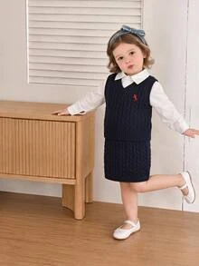 SHEIN Young Girl Sweater Navy Blue V Neck Sleeveless Cable Knit Ribbed Hem Vest - Navy Blue - View 6