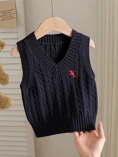SHEIN Young Girl Sweater Navy Blue V Neck Sleeveless Cable Knit Ribbed Hem Vest
