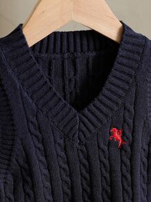 SHEIN Young Girl Sweater Navy Blue V Neck Sleeveless Cable Knit Ribbed Hem Vest - Navy Blue - View 4