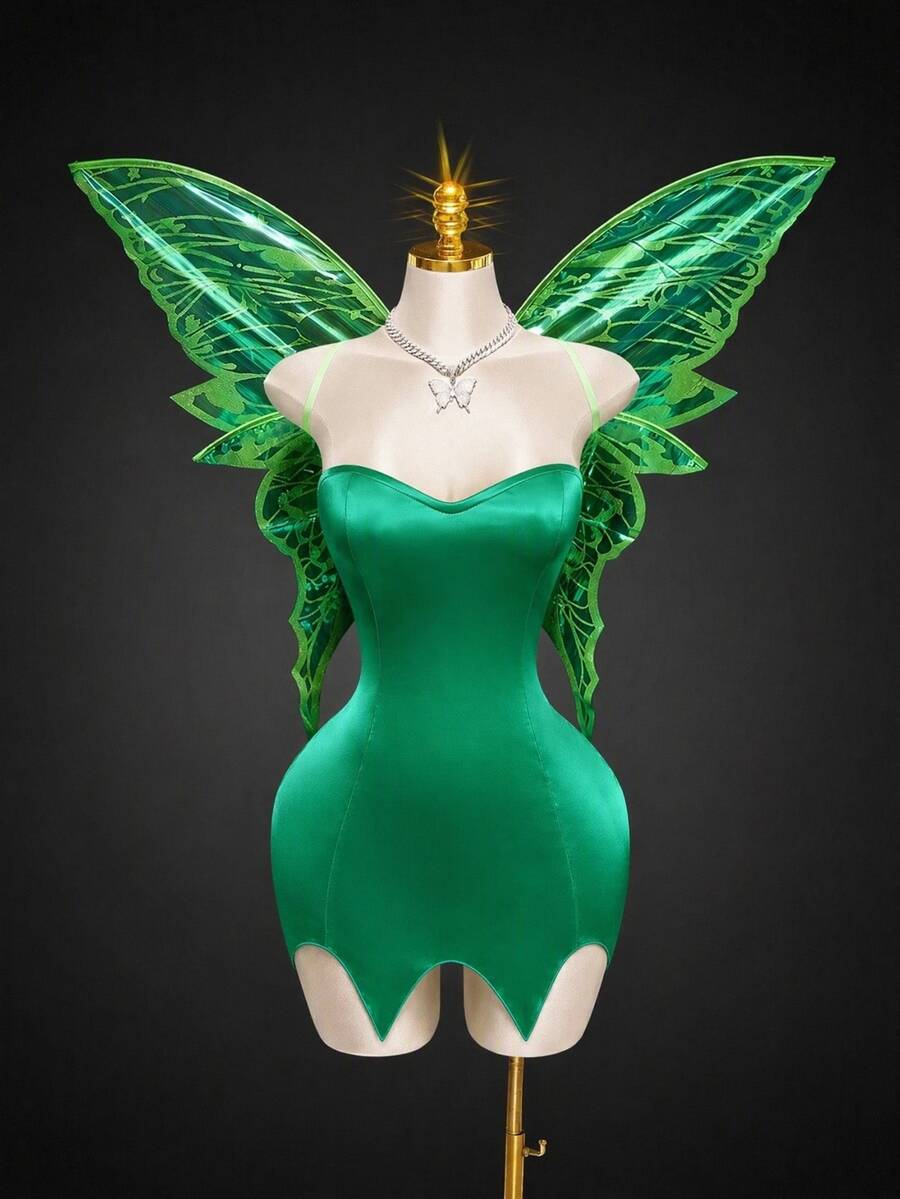 SHEIN ICON Y2K Party Dress Green Halloween Costumes Fairy COS Strapless Backless Criss-Cross Strap Dresses For Women Lace Up Back Satin Core - Dark Green - View 1