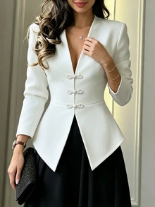 SHEIN PariChic 女款秋冬新款中式風格青蛙鈕扣收腰尖擺白色長袖V領西裝外套，高腰修身剪裁修飾腰線，喇叭下擺優化腰臀比，適合優雅通勤與街頭穿搭，法式時髦風，白色青蛙鈕扣西裝，復古極簡穿搭 - 白色 - 查看 4
