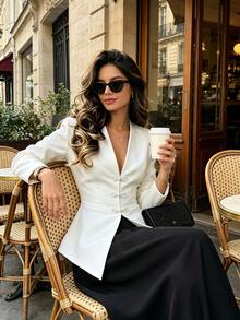 SHEIN PariChic 女款秋冬新款中式風格青蛙鈕扣收腰尖擺白色長袖V領西裝外套，高腰修身剪裁修飾腰線，喇叭下擺優化腰臀比，適合優雅通勤與街頭穿搭，法式時髦風，白色青蛙鈕扣西裝，復古極簡穿搭 - 白色 - 查看 6