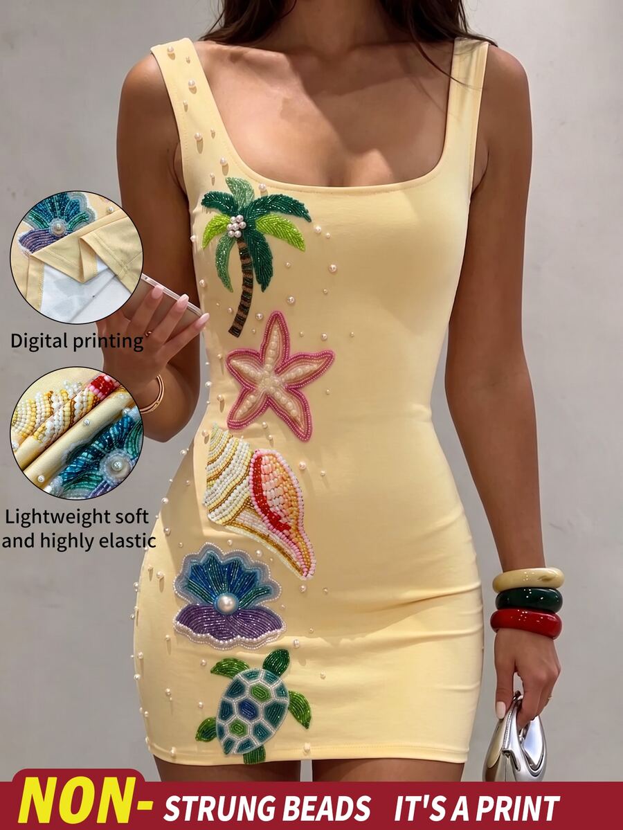 INAWLY Women's Faux Pearl Starfish Decor Square Neck Sleeveless Fitted Mini Dress - Multicolor - View 1