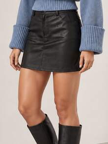 ELLERISSA Black Faux Leather High Waist A-Line PU Mini Skirt - Black - View 1