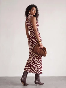 ELLERISSA Chocolate Brown Animal Zebra Print High Neck Sleeveless Ruched Side Midi Jersey Dress - Brown - View 2