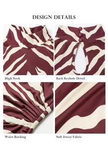 ELLERISSA Chocolate Brown Animal Zebra Print High Neck Sleeveless Ruched Side Midi Jersey Dress - Brown - View 7