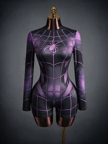 Amplova 女款蜘蛛網印花修身連身褲，萬聖節女裝服裝 - 彩色 - 查看 4