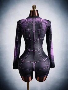 Amplova 女款蜘蛛網印花修身連身褲，萬聖節女裝服裝 - 彩色 - 查看 2