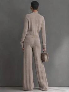 SHEIN Women's Round Neck Long Sleeve Sweater Set, Casual Knitted Autumn/Winter Outfit, Light Coffee Color Loose Two Pieces Set, Fashionable Versatile Vertical Striped Top And Wide Leg Pants Sweater Two Pieces Set - Camel - View 2