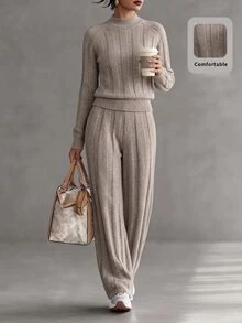 SHEIN Women's Round Neck Long Sleeve Sweater Set, Casual Knitted Autumn/Winter Outfit, Light Coffee Color Loose Two Pieces Set, Fashionable Versatile Vertical Striped Top And Wide Leg Pants Sweater Two Pieces Set - Camel - View 1
