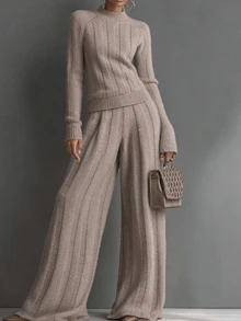 SHEIN Women's Round Neck Long Sleeve Sweater Set, Casual Knitted Autumn/Winter Outfit, Light Coffee Color Loose Two Pieces Set, Fashionable Versatile Vertical Striped Top And Wide Leg Pants Sweater Two Pieces Set - Camel - View 5