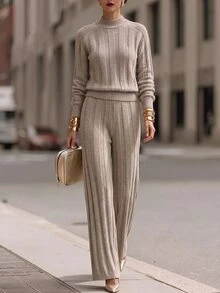 SHEIN Women's Round Neck Long Sleeve Sweater Set, Casual Knitted Autumn/Winter Outfit, Light Coffee Color Loose Two Pieces Set, Fashionable Versatile Vertical Striped Top And Wide Leg Pants Sweater Two Pieces Set - Camel - View 3