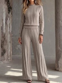 SHEIN Women's Round Neck Long Sleeve Sweater Set, Casual Knitted Autumn/Winter Outfit, Light Coffee Color Loose Two Pieces Set, Fashionable Versatile Vertical Striped Top And Wide Leg Pants Sweater Two Pieces Set - Camel - View 4