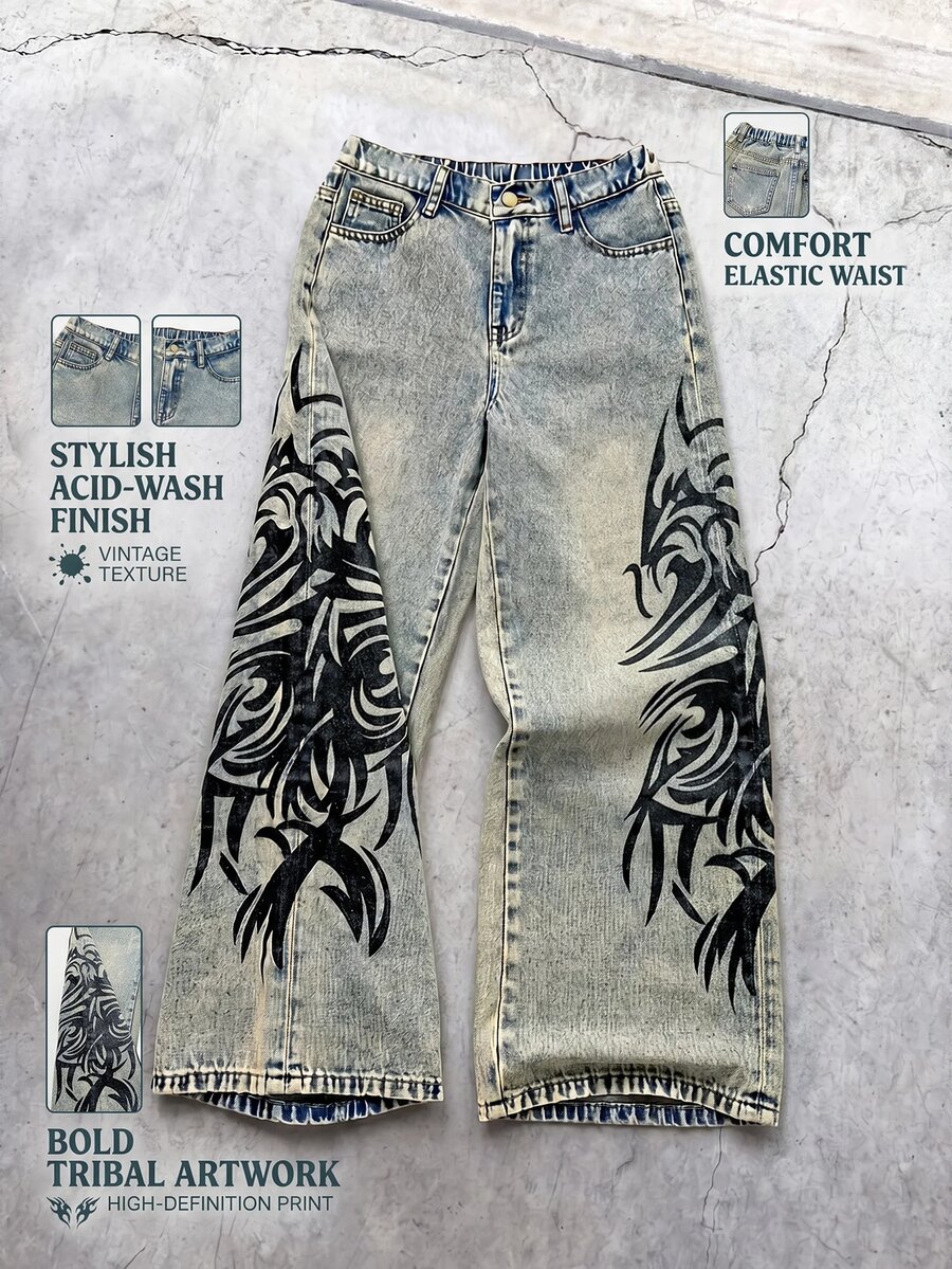 SHEIN 小男孩時尚流行石洗休閒寬腿寬鬆藍色牛仔褲日常穿搭童裝 - 藍色 - 查看 1