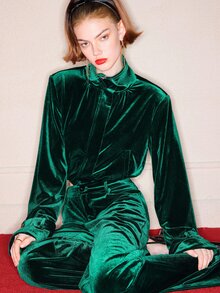 Barévion Women's High Waisted Velvet Straight Leg Pants, Button Slant Pockets Vintage Elegant Emerald Green Solid Color Pants, Halloween - Green - View 7