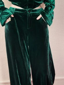 Barévion Women's High Waisted Velvet Straight Leg Pants, Button Slant Pockets Vintage Elegant Emerald Green Solid Color Pants, Halloween - Green - View 5