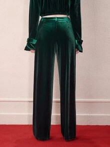 Barévion Women's High Waisted Velvet Straight Leg Pants, Button Slant Pockets Vintage Elegant Emerald Green Solid Color Pants, Halloween - Green - View 2