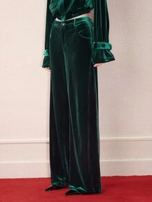 Barévion Women's High Waisted Velvet Straight Leg Pants, Button Slant Pockets Vintage Elegant Emerald Green Solid Color Pants, Halloween - Green - View 4