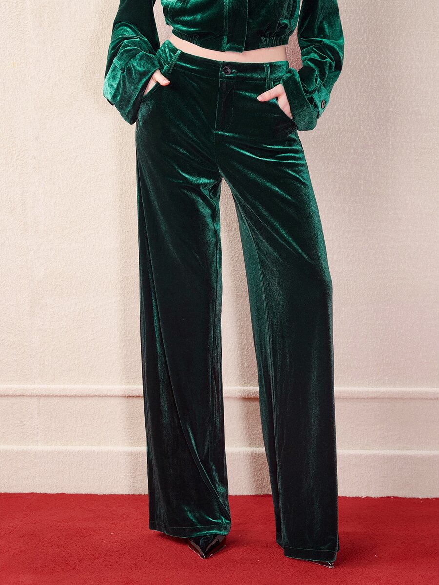 Barévion Women's High Waisted Velvet Straight Leg Pants, Button Slant Pockets Vintage Elegant Emerald Green Solid Color Pants, Halloween - Green - View 1