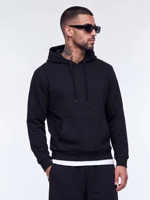 Manfinity Homme Men Solid Kangaroo Pocket Drawstring Hoodie, Fall, Long Sleeve Top - Black - View 1