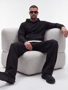 Manfinity Homme Men Solid Kangaroo Pocket Drawstring Hoodie, Fall, Long Sleeve Top - Black - View 4